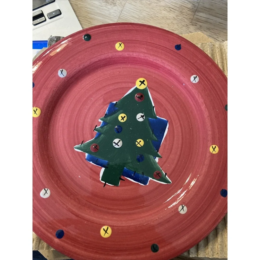 Make the‎ Season Bright 4 Hand Painted Salad/Dessert Plates Mitten tree Snowman